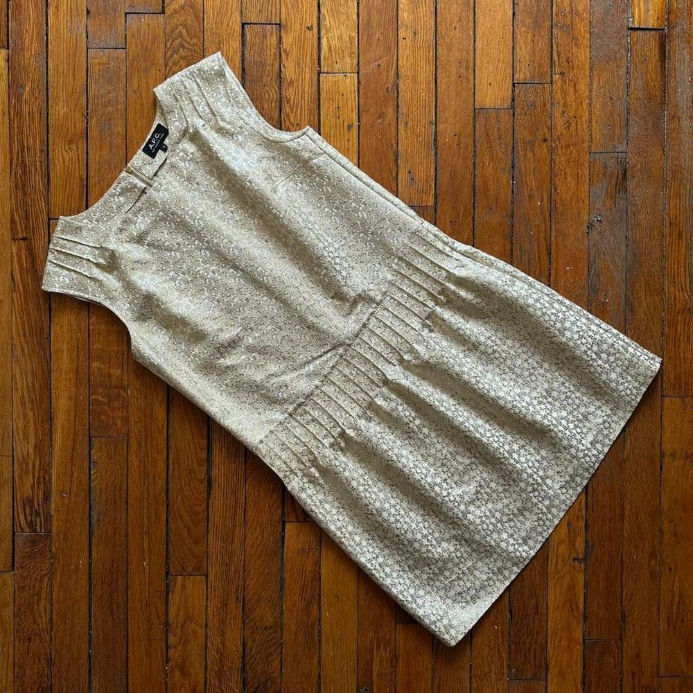 A.P.C. Rue Madame Paris Women's Gold Pattern Sleeveless Ruffled Mini‎ Dress.